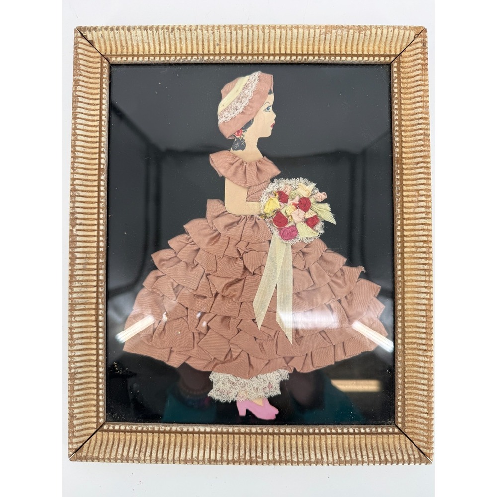 Vintage Ribbon Art Southern Belle Lady Wall Decor Framed Fabric Picture